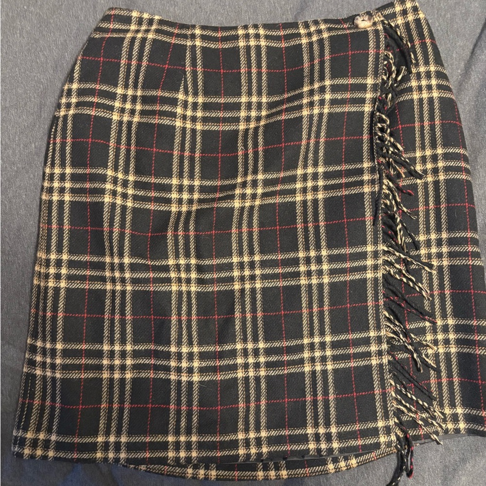 Vintage wool Plaid Fringe Women's Skirt- size L